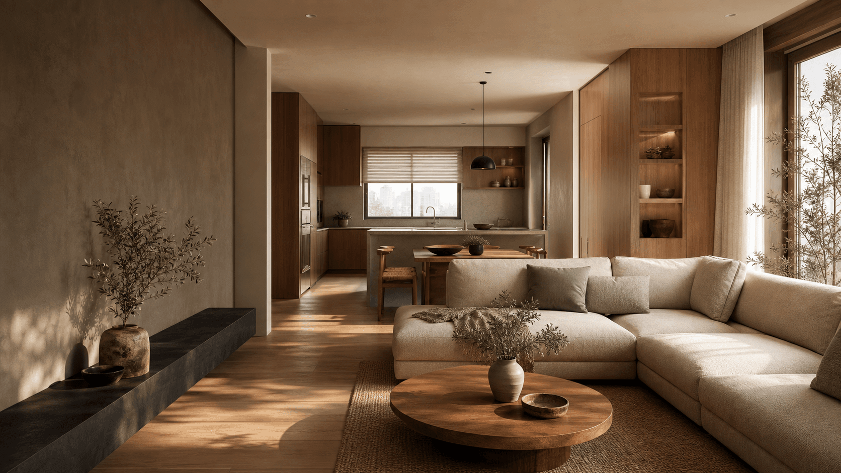따뜻한 원목과 패브릭으로 연출한 거실과 주방 인테리어